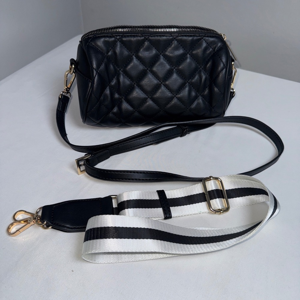Mali + Lili Black Quilted Crossbody Bag Vegan Leather Two Straps Gold Hardware